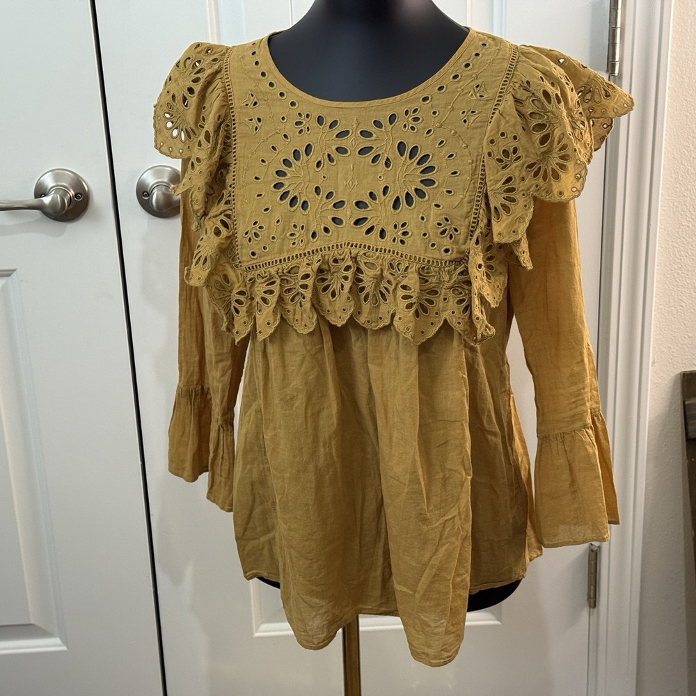 A Loves A Mustard Yellow Cotton Blouse Ruffle Sleeve Eyelet Neckline S Boho‎